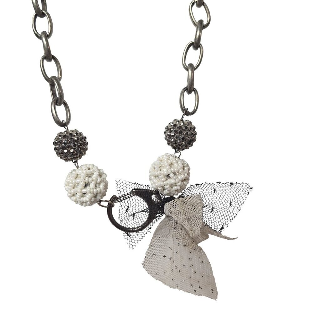 Silver Tone Mesh Bow Necklace Stardust Beads